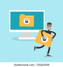 Data thief illustration. Man grabbing and runnig with data document.