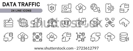 Data Traffic line icon set illustrating Server, Network, Database, Download, Storage. Editable stroke