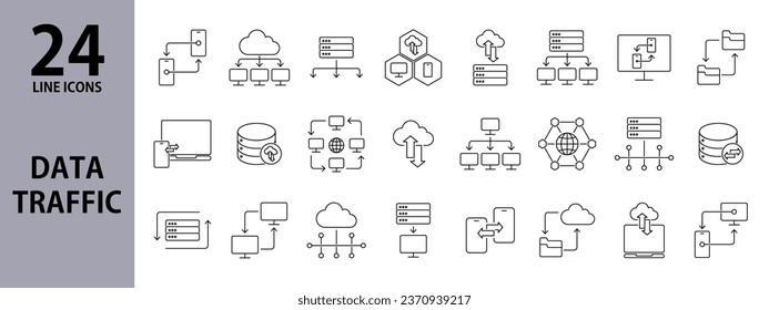 Data Traffic outline icons set with Server, Cloud, File, Network, Exchange, Internet, Monitor, Notebook. Vector illustration