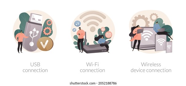 Data transfer abstract concept vector illustration set. USB connection, free public Wi-Fi, wireless device connection, computer network, device connection cable, standard USB port abstract metaphor.