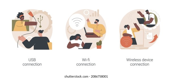 Data transfer abstract concept vector illustration set. USB connection, free public Wi-Fi, wireless device connection, computer network, device connection cable, standard USB port abstract metaphor.