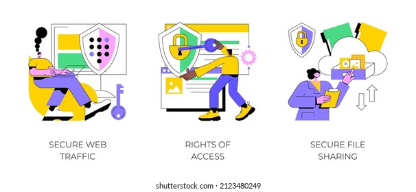 Data Transfer Abstract Concept Vector Illustration Set. Secure Web Traffic, Rights Of Access, Secure File Sharing, Virtual Private Network, VPN, Traffic Analysis, Document Sharing Abstract Metaphor.