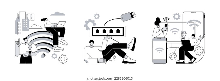 Data transfer abstract concept vector illustration set. Public wi-fi hotspot, ethernet technology, wireless device connection, web infrastructure, computer network, hot spot abstract metaphor.