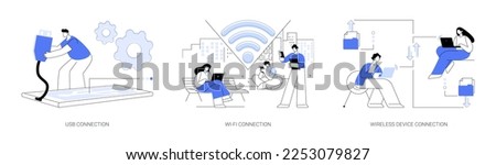 Data transfer abstract concept vector illustration set. USB connection, free public Wi-Fi, wireless device connection, computer network, device connection cable, standard USB port abstract metaphor.