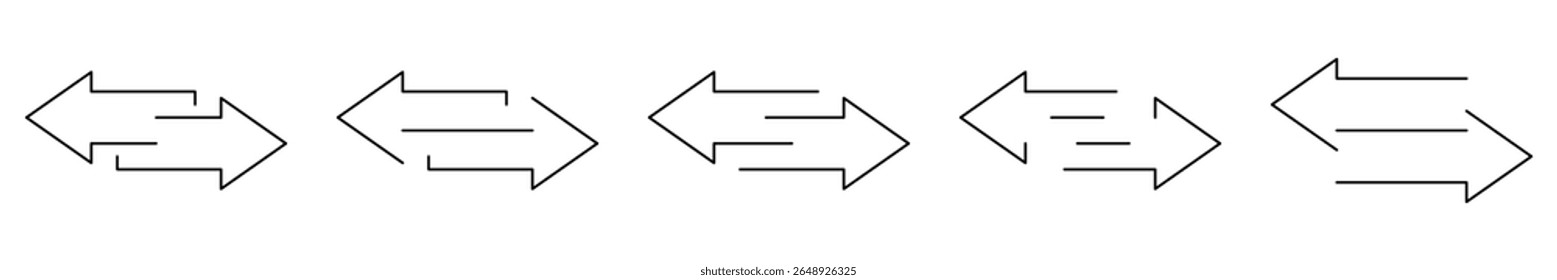 Data transfer arrow icon set. Compare or exchange sign. Trade or exchange symbol. A minimalist linear set of bi-directional arrows with different line styles. Vector illustration