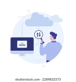 Data transfer channel control circle flat concept vector illustration. Computing system cartoon character on blue background for web design. Creative idea for website, mobile, presentation