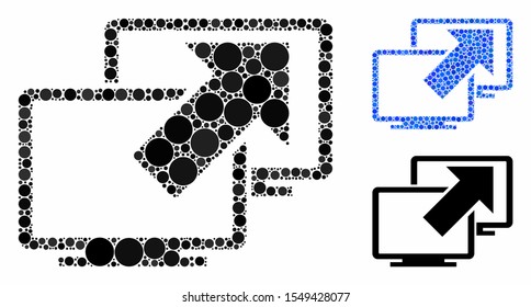 Data transfer composition of filled circles in various sizes and color tinges, based on data transfer icon. Vector random circles are composed into blue composition.