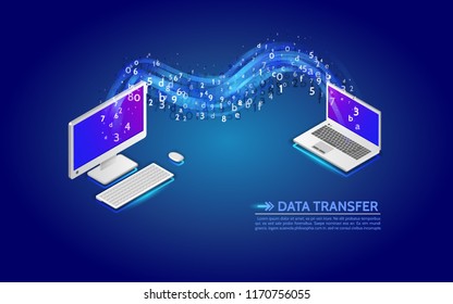 Data transfer from computer to laptop. Abstract virtual digital stream. Wireless  communications concept. Flowing binary code.
