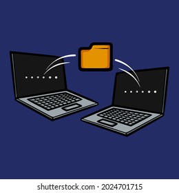 Data Transfer Concept. Folder Getting Copied On A Laptops. Digital File Sending Vector Illustration