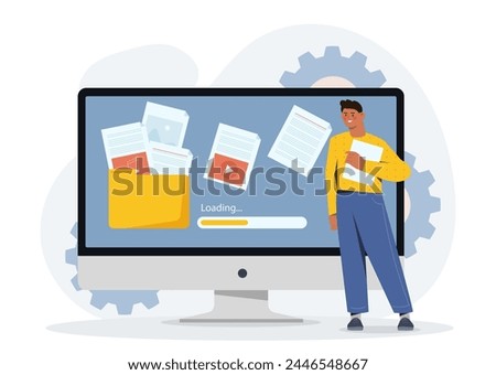 Data transfer concept. Man with files in electronic storage and archive. Cloud service with information and documents. Safety of personal data on internet. Cartoon flat vector illustration