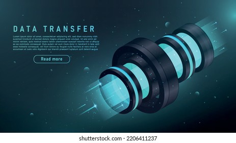 Data transfer concept. Modern technologies and digital world, wireless information exchange. Communication and interaction on Internet. Futuristic poster or banner. Neon 3D vector illustration