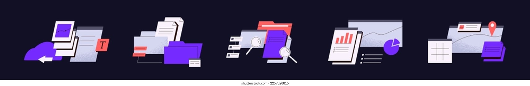 Data transfer concept set. Information storage in web files, folders. Electronic business documents workflow. Digital archives, store service, technologies. Isolated flat vector illustrations