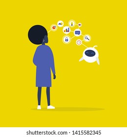 Data transfer conceptual illustration. Black female character. Human and robot communication. New technologies. Flat editable vector illustration, clip art