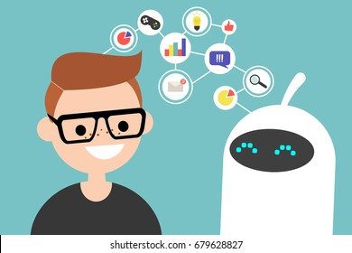 Data transfer conceptual illustration. Human and robot communication. New technologies. Flat editable vector illustration, clip art