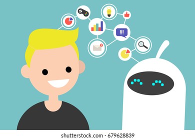 Data transfer conceptual illustration. Human and robot communication. New technologies. Flat editable vector illustration, clip art