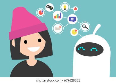 Data transfer conceptual illustration. Human and robot communication. New technologies. Flat editable vector illustration, clip art