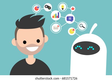 Data transfer conceptual illustration. Human and robot communication. New technologies. Flat editable vector illustration, clip art