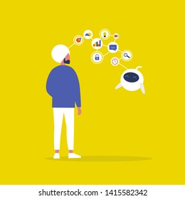 Data transfer conceptual illustration. Indian male character. Human and robot communication. New technologies. Flat editable vector illustration, clip art