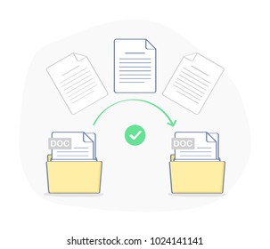 Data transfer, copying, uploading process, file sharing or sending documents from one file folder to another. Flat outline isolated vector illustration on white. Modern trendy ui element design.