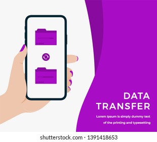 Data Transfer Design Concept in Purple Color with Woman Hand Holding a Smartphone with Data Transfer on Screen, Headline and Text Place. Suitable for Web banner, Infographics, Flat Vector Illustration