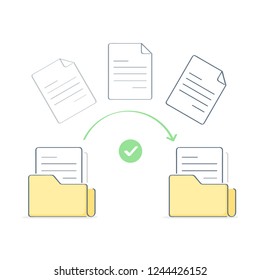 Data transfer, file copying, uploading process, file sharing or sending documents from one folder to another. Flat outline isolated vector illustration on white background. Modern trendy ui element.