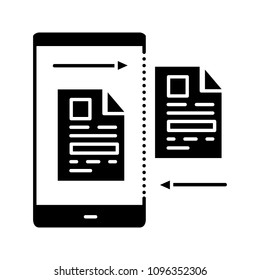 Data transfer glyph icon. Files uploading or downloading. Content sharing. Silhouette symbol. Negative space. Vector isolated illustration