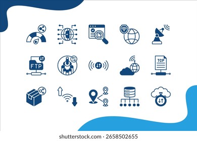 Data Transfer icon set with Bandwidth, Gateway, VPN, Receiver, Fiber optic, Signal.