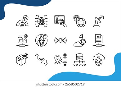 Ícone de Transferência de Dados definido com Largura de Banda, Gateway, VPN, Receptor, Fibra óptica, Sinal.