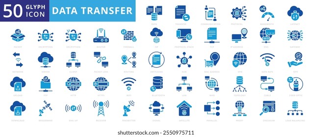 Data transfer icon set of gateway, vpn, network, management, wifi, satellite, database, firewall, encryption, router, transaction, receiver, lan, transmitter, http, bandwidth, parallel, fiber optic