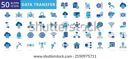 Data transfer icon set of gateway, vpn, network, management, wifi, satellite, database, firewall, encryption, router, transaction, receiver, lan, transmitter, http, bandwidth, parallel, fiber optic