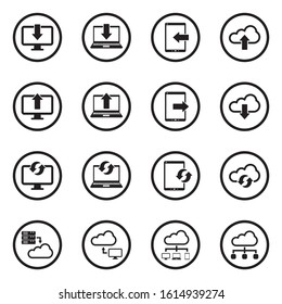 Data Transfer Icons. Black Flat Design In Circle. Vector Illustration.