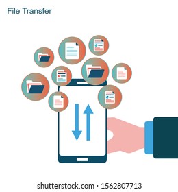 Data transfer illustration. Folders with documents flying
