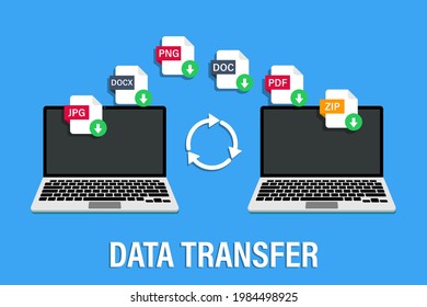 Data transfer illustration. Two laptops sharing different files. Vector illustration