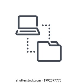 Data transfer line icon. Import files from laptop to folder vector outline sign.