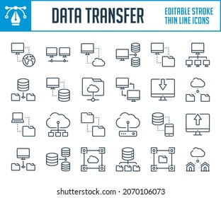 Data transfer and Network connection thin line icons. Online hosting service, File management and migration outline icon set. Editable stroke icons.