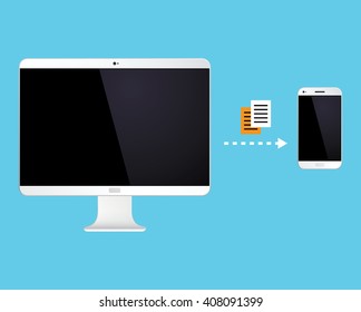 Data transfer from PC to hand phone. Vector illustration EPS 10