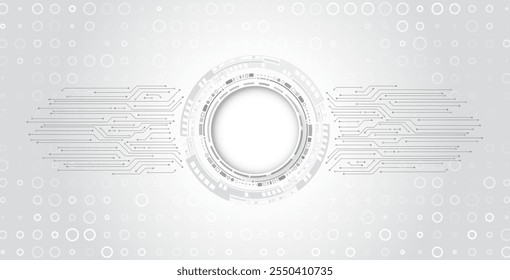Datenübertragung und -schutz, Internetkommunikation auf grauem Hintergrund. Design mit hoher Computertechnologie. Moderne wissenschaftliche Vektorgrafik. Abstrakte Kreise und Linien futuristischen Konzept.