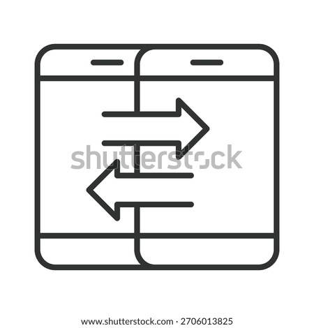 Data transfer smartphone icon in line design. data transfer, device sync, arrows exchange, smartphone communication, mobile sharing, device connection, wireless transfer, send receive on white