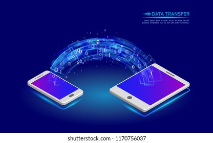 Data transfer from smartphone to tablet. Abstract virtual digital stream. Wireless  communications concept. Flowing binary code.