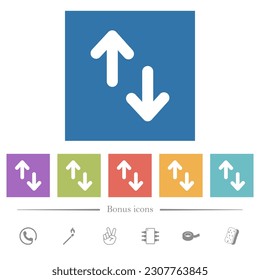 Data transfer solid flat white icons in square backgrounds. 6 bonus icons included.