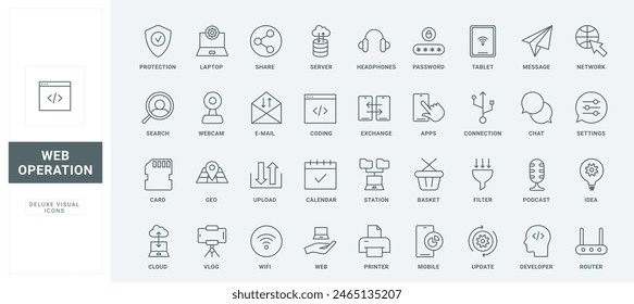 Transferencia y almacenamiento de datos, Actualizar y Cargar de información, copia de seguridad del sistema y correo electrónico, símbolos de contorno finos en negro y rojo, Ilustración vectorial. Conjunto de iconos de línea de codificación, uso de aplicaciones y servicios de Web