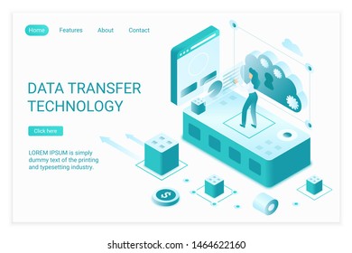 Data transfer technology landing page isometric vector template. Cloud computing 3d concept. Information exchange. Data storage service, transmission application website homepage layout