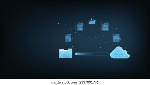 Data transfer through cloud technology. Document management and Exchange data with modern internet technology on dark blue background. Files data system relocation concept.