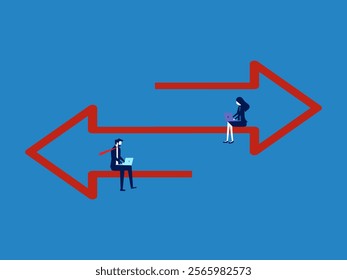 Data transfer or transaction, exchange and communication, two businessman on opposite arrows