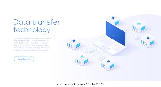 Data transfer via server isometric vector illustration. Abstract 3d datacenter or blockchain background. Network mainframe website header layout. Computer storage or farming workstation.