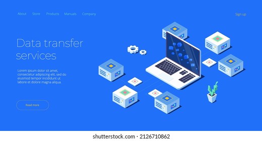 Data transfer via server isometric vector illustration. Abstract 3d datacenter or blockchain background. Network mainframe website header layout. Computer storage or farming workstation.