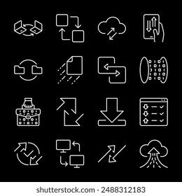 Data transfer, white line icons. File exchange and data communication. Essential for IT and technology themes. Symbols on black background. Editable stroke.