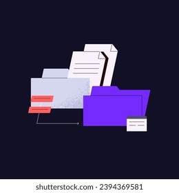 Data transfer workflow. Document in folder copy in storage, archive. Database, information transmission concept. Send info to another computer. Modern technology. Flat isolated vector illustration