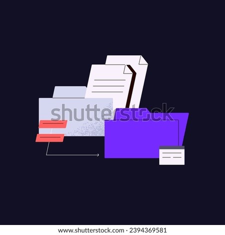Data transfer workflow. Document in folder copy in storage, archive. Database, information transmission concept. Send info to another computer. Modern technology. Flat isolated vector illustration