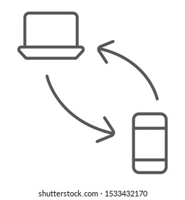 Data transferring from laptop to smartphone thin line icon, technology and transfer, synchronization sign, vector graphics, a linear pattern on a white background, eps 10.